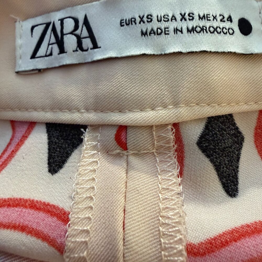 New Zara Pink & Beige Retro Geometric Wide Leg Flared Trousers - Size XS - Picture 3 of 3
